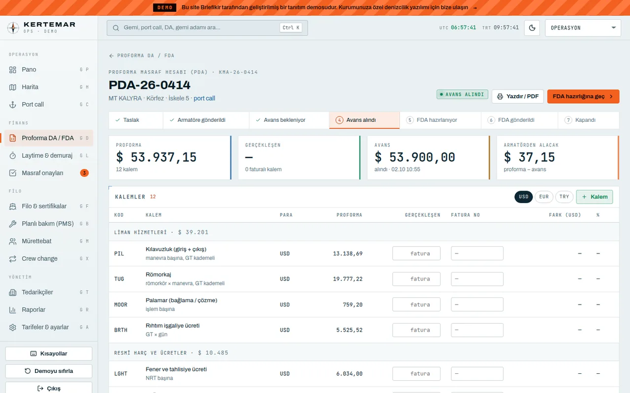 Proforma DA → FDA ekranı — Kertemar demo paneli