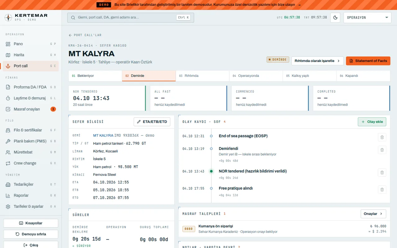 Port call ekranı — Kertemar demo paneli